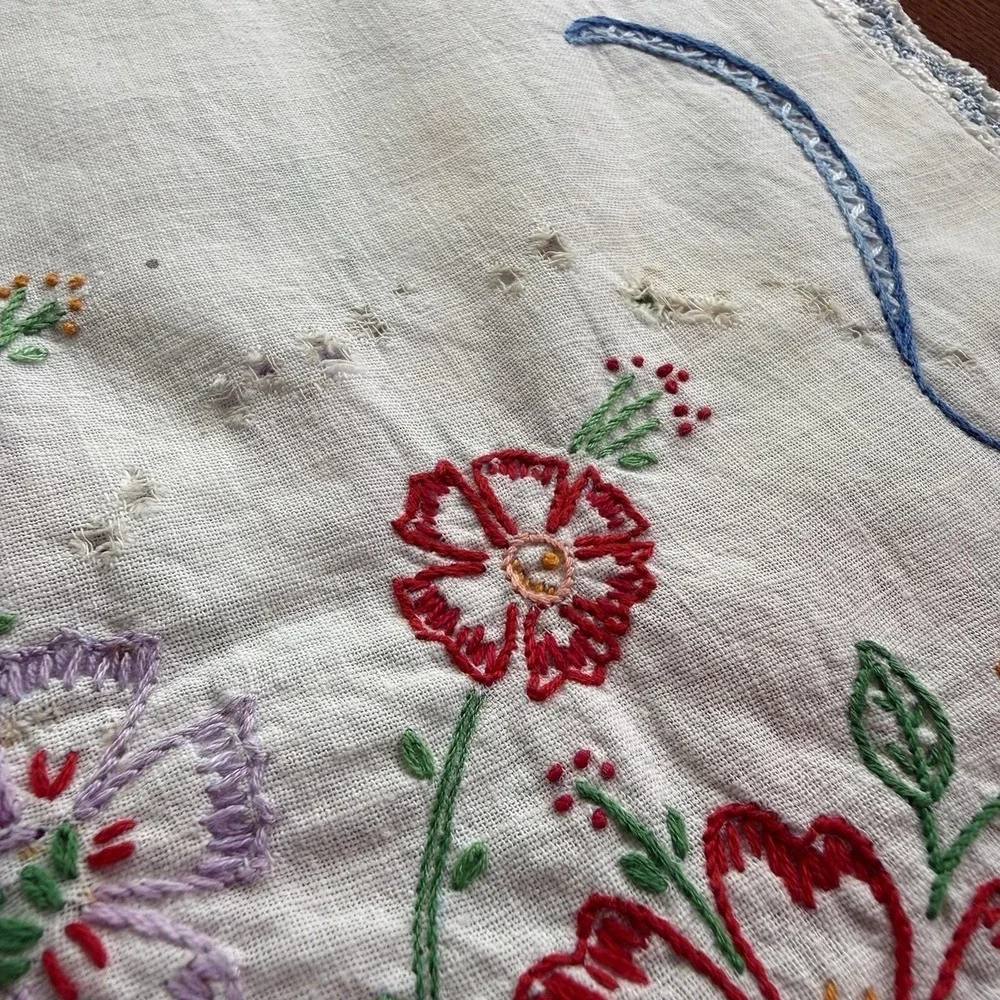 Vtg Hand-Embroidered Floral Linen Table Runner With Lace Tatted Edging 36